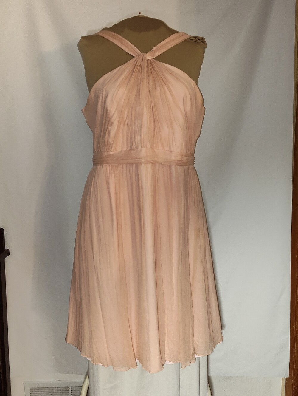 J CREW Women's Blush Pink/Peach Halter Style Chiffon Mini Dress, Silk, Size 16.